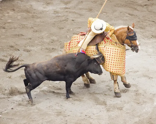 Bull and bullfighter picador — Stock Photo, Image