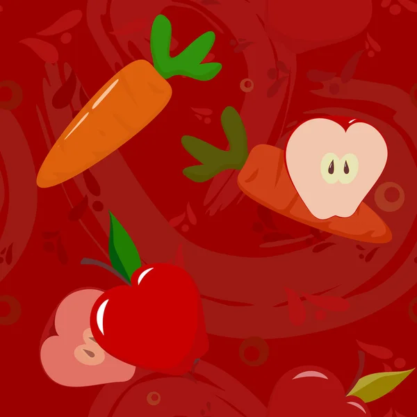 Τα μήλα και τα καρότα σε σκούρο κόκκινο φόντο — Διανυσματικό Αρχείο