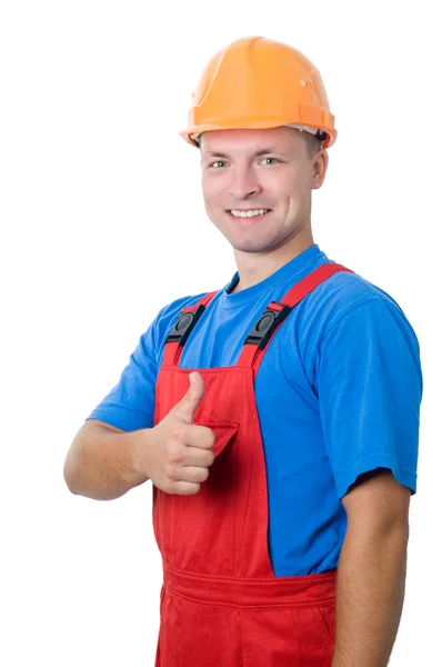 Budowniczy pozytywny pracownik na białym tle — Zdjęcie stockowe