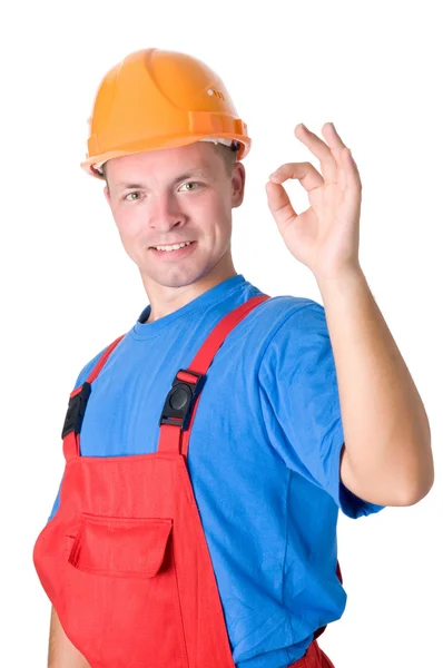Trabalhador construtor feliz isolado — Fotografia de Stock