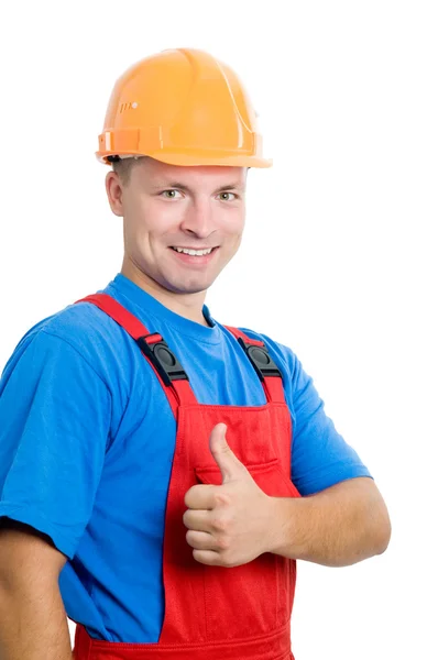 Trabalhador construtor positivo isolado — Fotografia de Stock