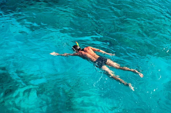 Buceador buceando nadando en el mar azul — Foto de Stock