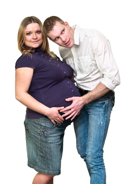 Pregnant Woman Her Husband Isolated White Background Caucasians Loving Young — Stock Photo, Image
