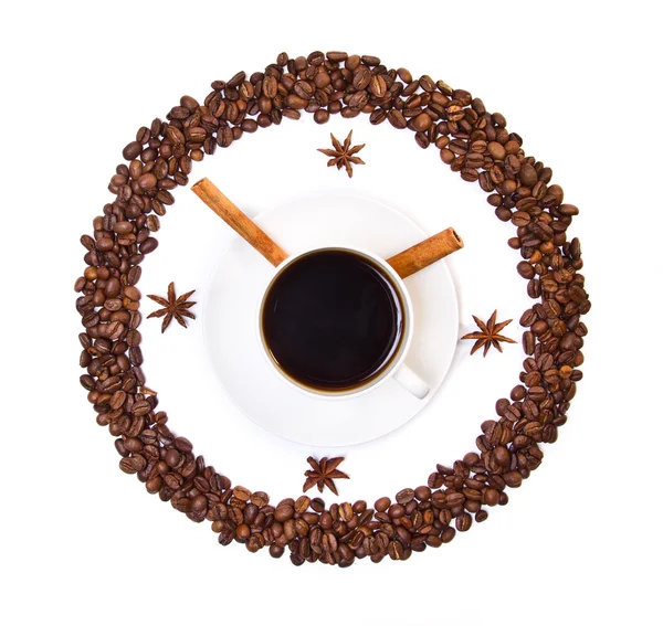 Φλιτζάνι καφέ και τα φασόλια conventionalized με ρολόι — Φωτογραφία Αρχείου