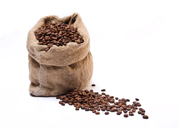 Kávé bab zsák, szétszórt bab — Stock Fotó