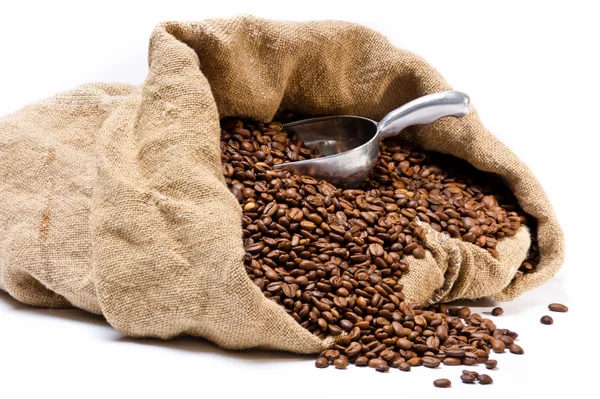 Saco de grãos de café com grãos espalhados e colher de metal — Fotografia de Stock