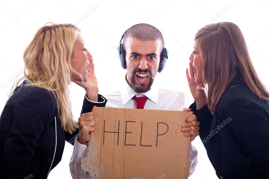 Businessman with Ear Protectors Hold Help Sign between Screaming Businesswo