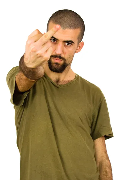 Young man showing his middle finger — Stock Photo, Image
