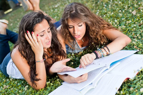 Två unga kvinnan studien tillsammans på park — Stockfoto