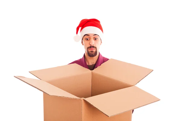 Giovane con cappello di Natale e scatola vuota — Foto Stock