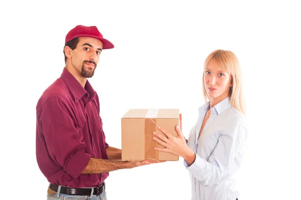 Delivery Boy with Box for Young Woman — Stock Photo, Image