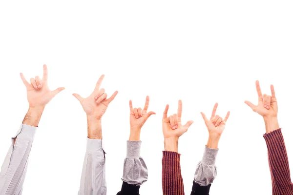 Mãos levantadas com o sinal de Rock and Roll — Fotografia de Stock