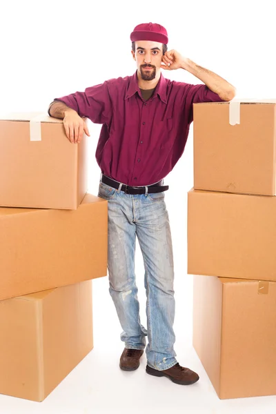 Rapaz de entrega com caixas — Fotografia de Stock