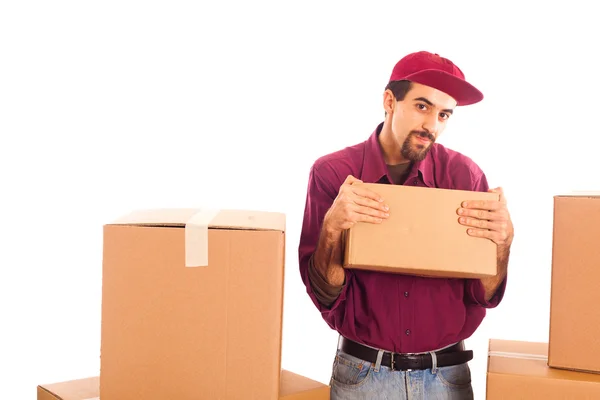Delivery Boy Sostenga fuertemente una caja —  Fotos de Stock