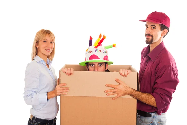stock image Delivery Boy with Surprise for Young Woman on Birthday