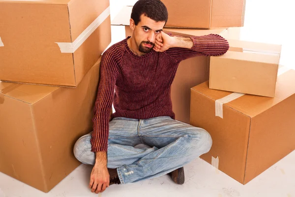 Stressed Young Man on Moving Swamped with Boxes — Stock Photo, Image