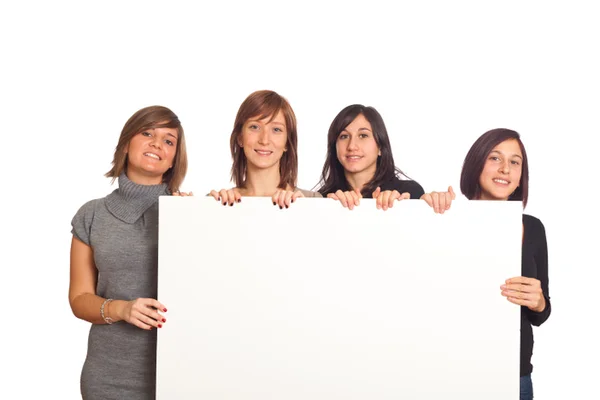 Τέσσερα Όμορφα Κορίτσια Κρατώντας Μια Πινακίδα Που Κενό — Φωτογραφία Αρχείου