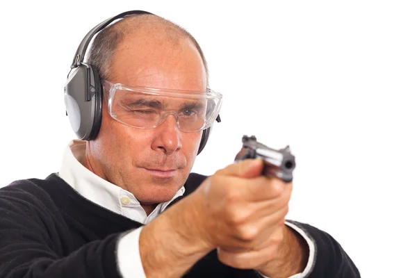 Homem Apontando Uma Arma Fundo Branco — Fotografia de Stock