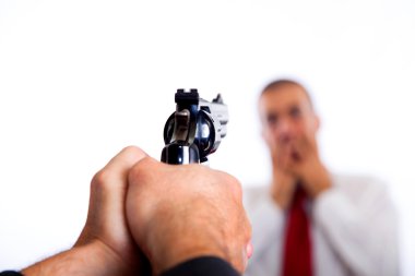 Man Point a Gun on Young Terrorized Businessman clipart