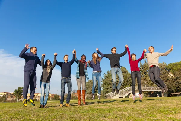 Gruppe Glücklicher College Studenten Springt Park — Stockfoto