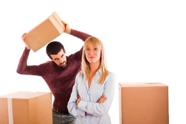Young Couple Moving Husband Angry Wife — Stock Photo, Image