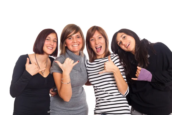Cztery Dziewczynki Szczęśliwy Grymasy Dokonywanie Strony Znak — Zdjęcie stockowe