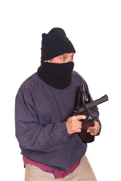 Tjuv syftar en pistol på ett rån — Stockfoto