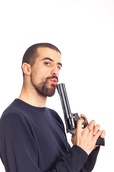 Young Man Blowing His Gun Shooting — Stock Photo, Image