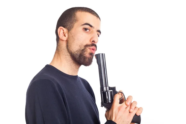 Jovem Soprando Sua Arma Depois Atirar — Fotografia de Stock