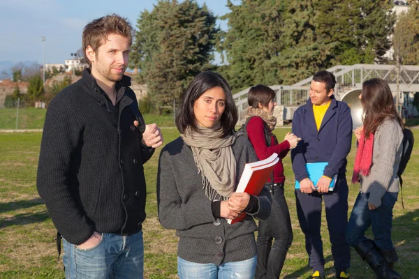 Estudiantes universitarios caminando y hablando en el parque — Foto de Stock