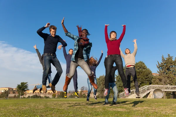 Groep van gelukkige studenten springen op park — Stockfoto