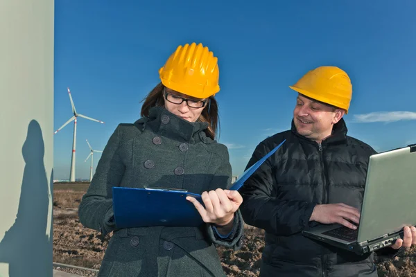 Two Engineers Wind Turbine Power Generator Station — Stock Photo, Image