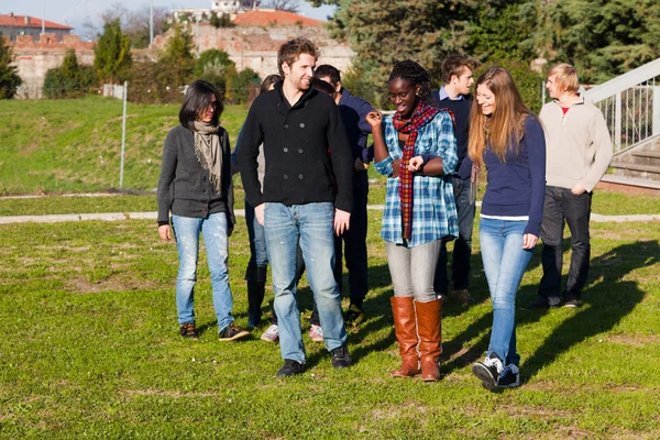 Estudiantes Universitarios Caminando Hablando Parque —  Fotos de Stock
