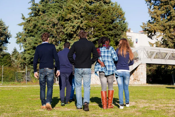 Estudantes universitários caminhando e conversando no parque — Fotografia de Stock