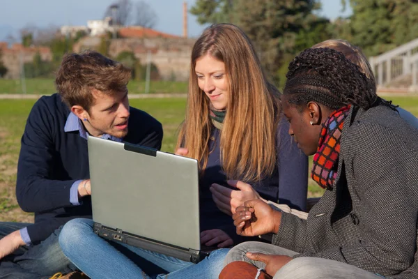 Estudantes universitários com computador no Parque — Fotografia de Stock