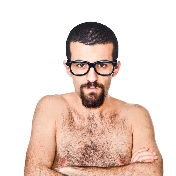 Desnudo joven nerd retrato en blanco — Foto de Stock