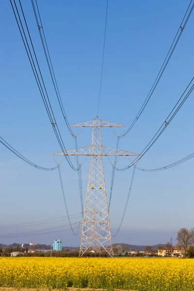 Pilon de eletricidade no campo na primavera — Fotografia de Stock