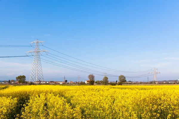 Kırsal Bahar üzerinde elektrik pilon — Stok fotoğraf