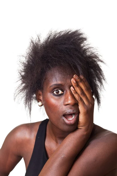 Bella donna nera con viso sorpreso — Foto Stock
