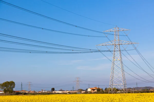 Elektriciteit pilon op het platteland op lente — Stockfoto