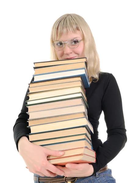 La rubia sosteniendo un montón de libros — Foto de Stock