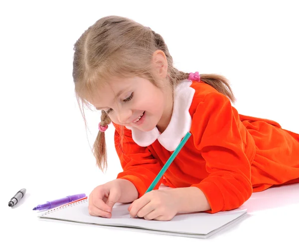 Menina Pré Escolar Bonito Desenho Com Lápis Chão Isolado Branco — Fotografia de Stock