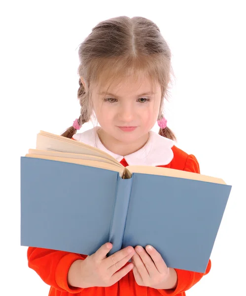 Kleines Mädchen Mit Offenem Buch Auf Weißem Hintergrund — Stockfoto
