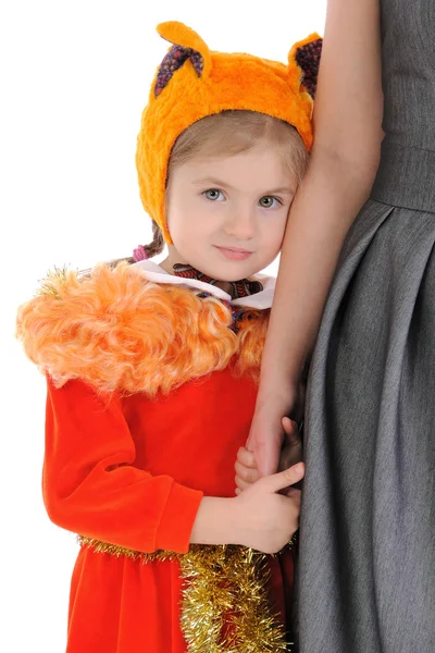 Girl Fancy Dress Holds Mum Hand White Background — Stock Photo, Image