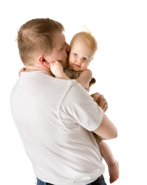 Pai Feliz Segurando Nove Meses Filho Isolado Branco — Fotografia de Stock