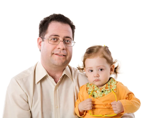 Glücklicher Vater Hält Einjährige Tochter Isoliert Auf Weißem Grund — Stockfoto