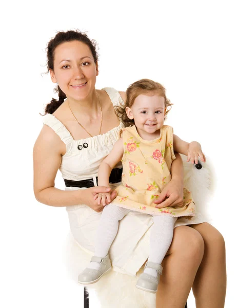 Madre Con Hija Sentada Silla Aislada Blanco —  Fotos de Stock