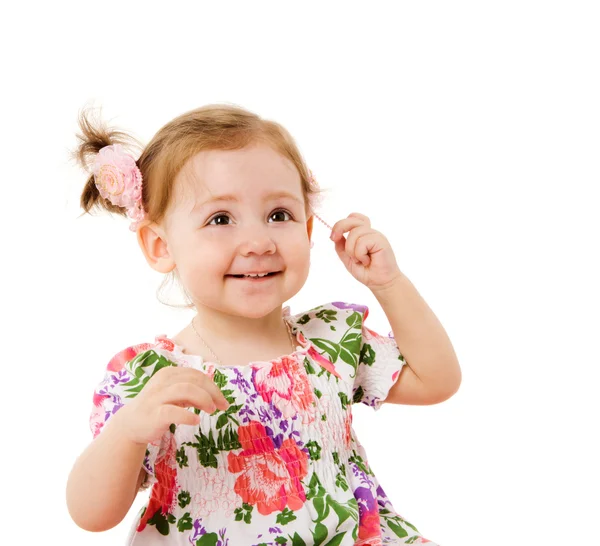 Boldog Kis Lány Mosolyogva Felnézett Elszigetelt — Stock Fotó