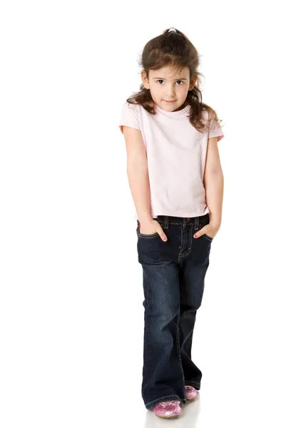 Veselá Pět Let Dívka Hledí Vás Izolovaných Bílém — Stock fotografie