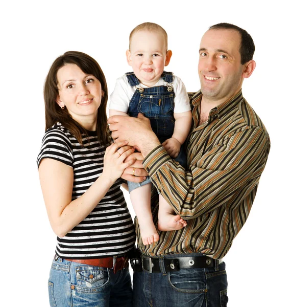 Glückliche Familie Posiert Zusammen Isoliert Auf Weiß — Stockfoto